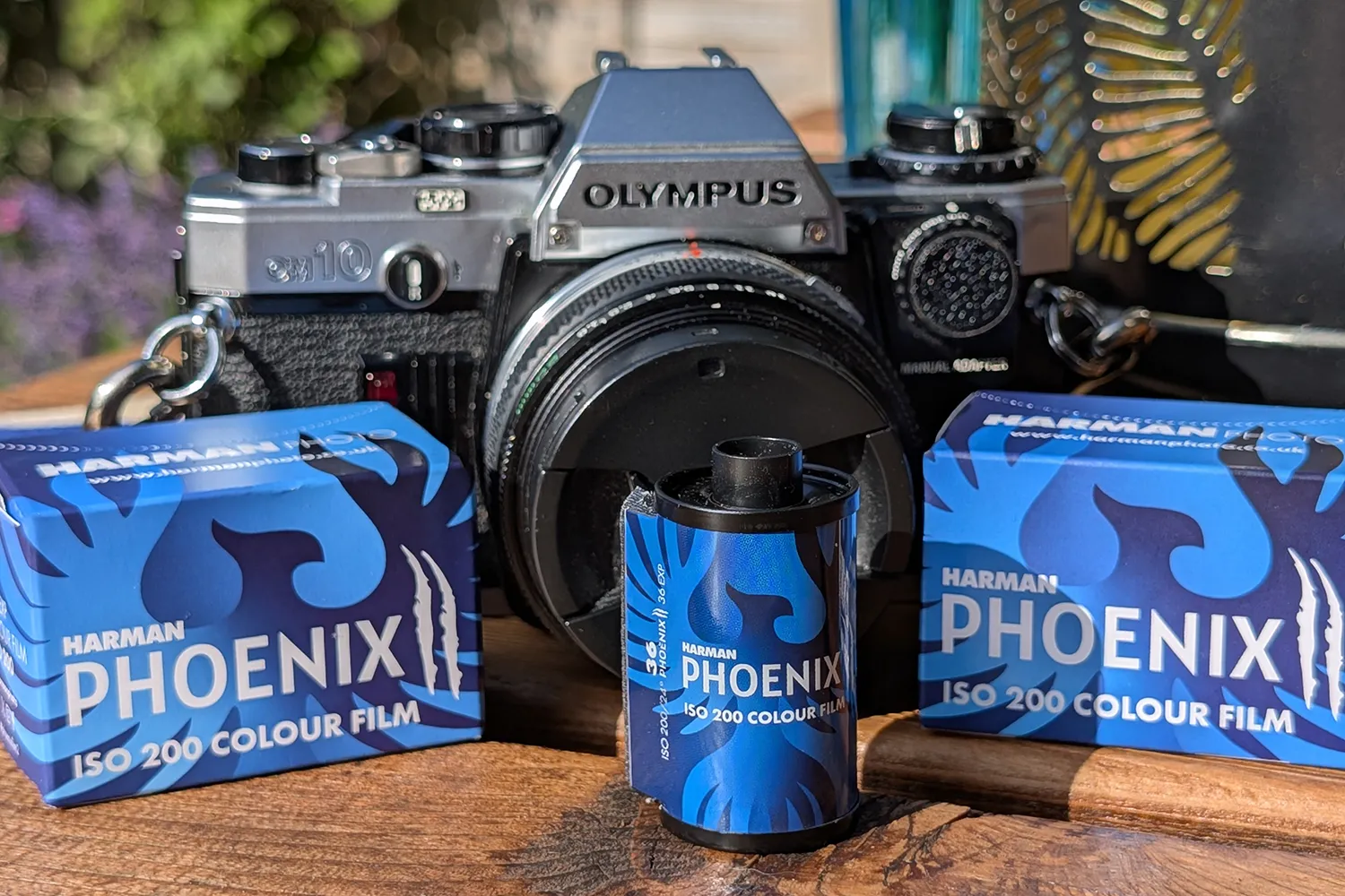 Camara analógica Olympus OM10 con carretes Harman Phoenix II 35mm