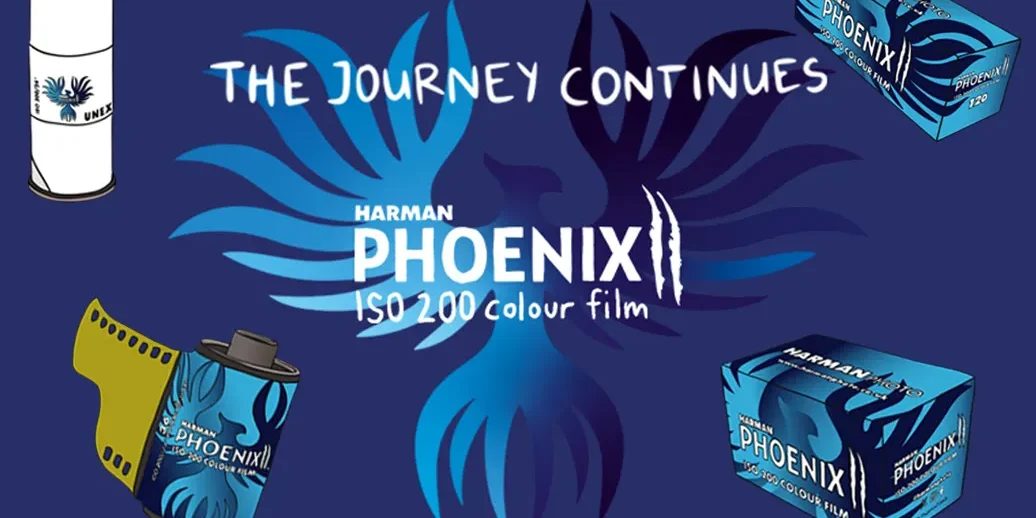 banner de presentacion harman phoenix ii 35mm y 120 con ilustraciones