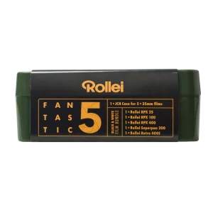 Pack Rollei Fantastic 5 con 5 películas blanco y negro de 35 mm e incluye estuche rígido Japan Camera Hunter. Disponible en REVELAB Studio
